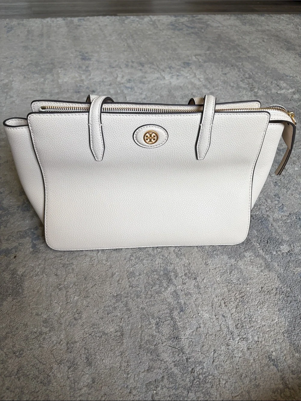 Tory Burch Small Robinson Ivory Pebbled Leather Zip-Top Tote with Gold Logo